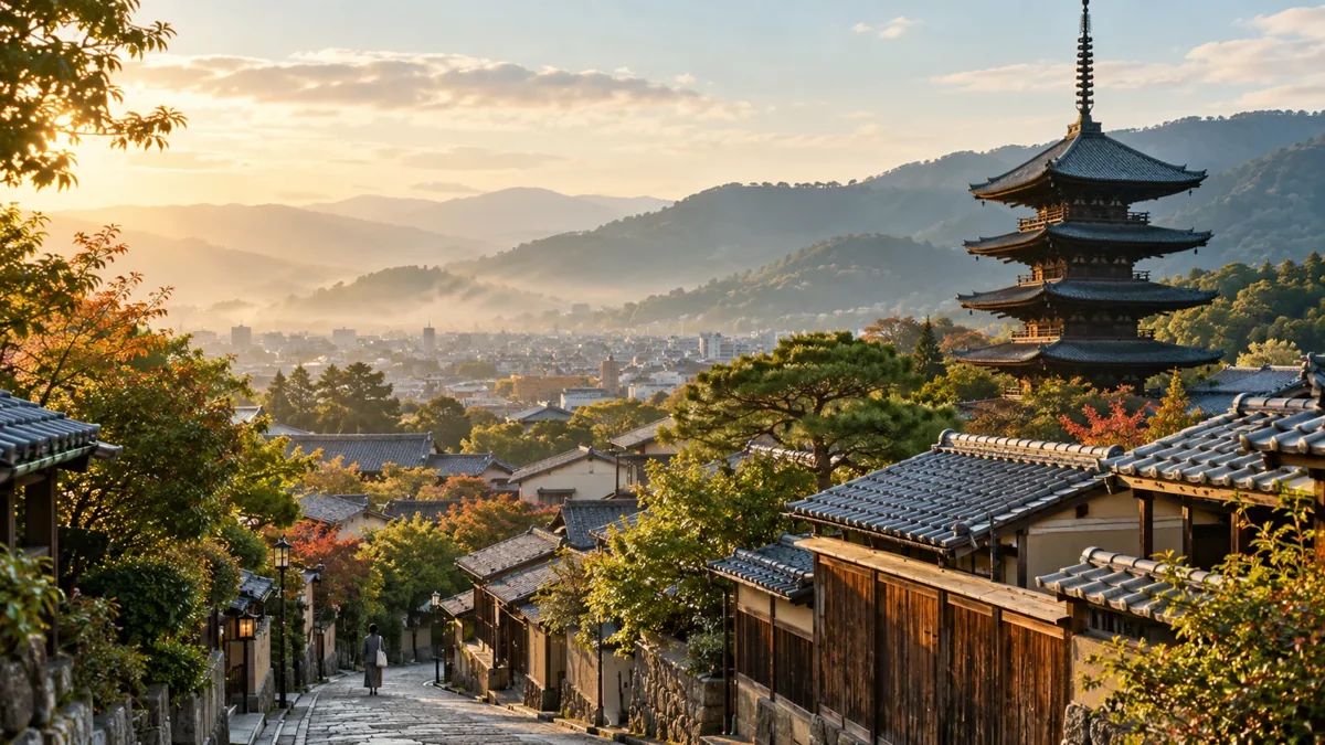 An illustrative view across Kyoto rooftops and a pagoda, Japan