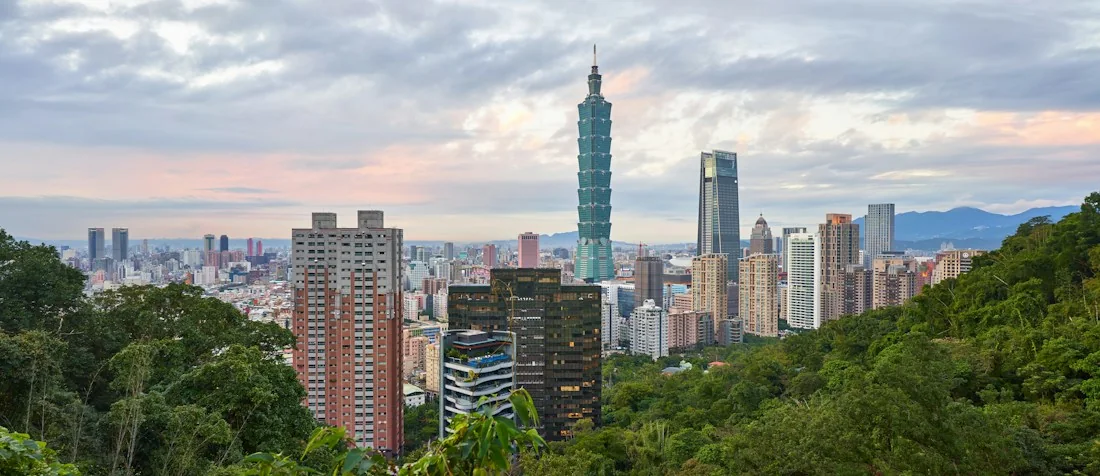 Taipei skyline with Taipei 101 and green hills, Taiwan